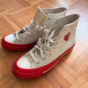 Comme des Garçons White Canvas High-Top Sneakers with Red Sole & Heart